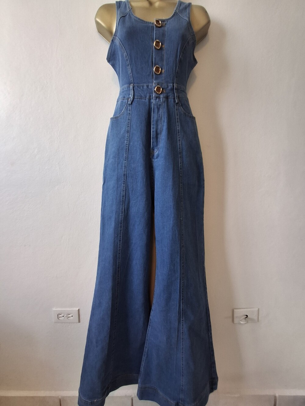 Wide Leg Blue Denim Jumpsuit with Button Front